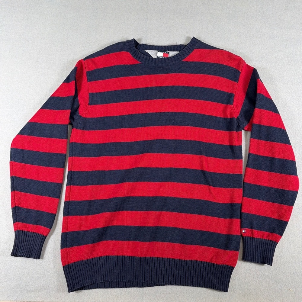 Tommy Hilfiger Men Red Navy Blue Striped Cotton Crewneck Sweater L Feddy Krueger